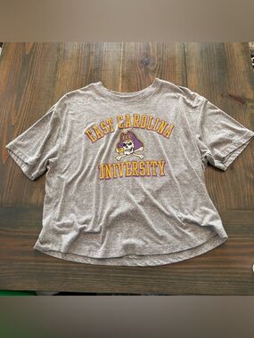 Gray East Carolina University Cropped Logo Tee with Purple & Gold